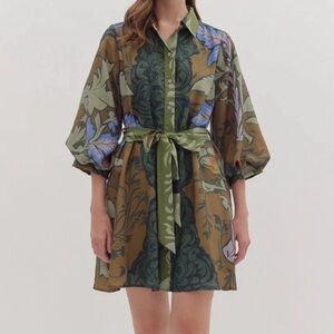 Entro Botanical Balloon Sleeve Belted Floral Dress w/Pockets Womens Medium NEW